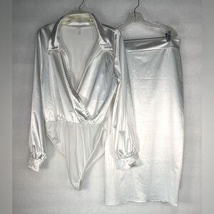 Elegant White Satin Bodysuit and Skirt Set